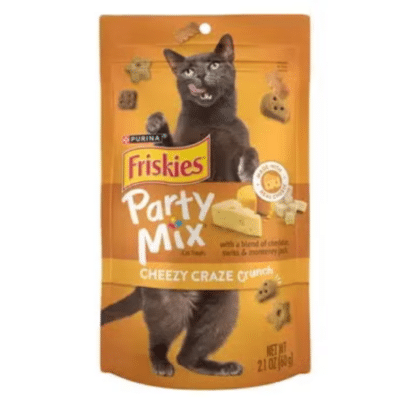 שקית חטיפי פריסקיז Party mix צ'יזי קרייזי קראנץ' לחתול בצבע צהוב-כתום